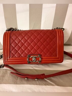 CHANEL Red Quilted Boy Bag with gray-Tone Hardware